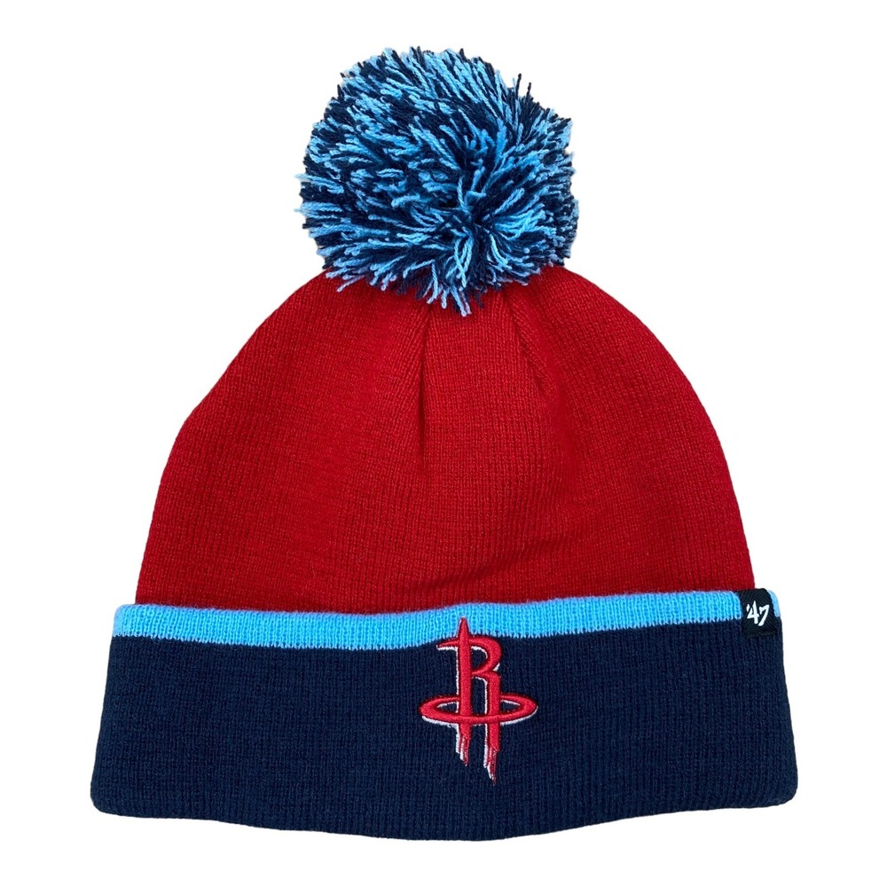 Houston Rockets Knit Hat 47 Brand Men's‎ Red Blue Pom Cuffed Logo Beanie Cap NWT